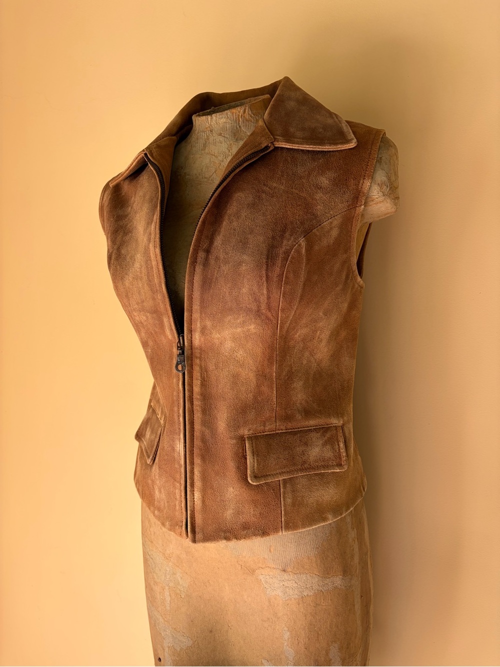 Vtg 90s Saguaro West Tan Distressed Leather Vest Western Boho